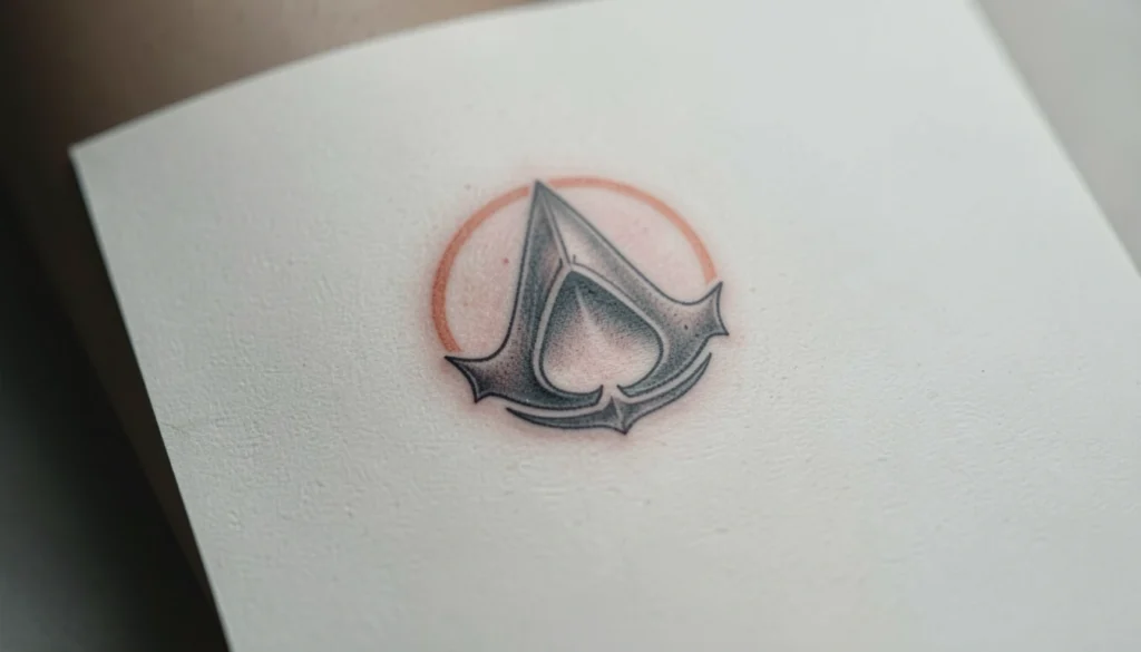 small assassins creed tattoo designs shown as a gray emblem with a red circle on white paper