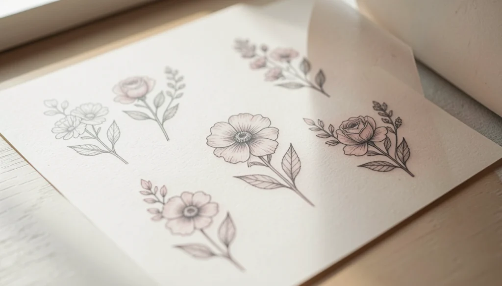 small birth month flower tattoos designs sketched with roses and delicate linework on paper