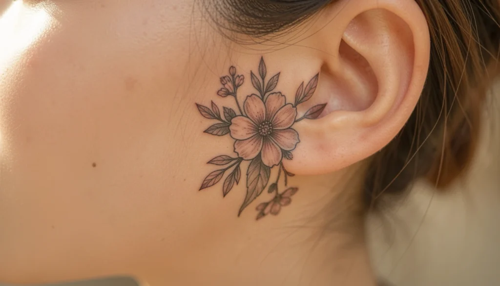 Floral Behind Ear Tattoos For Women